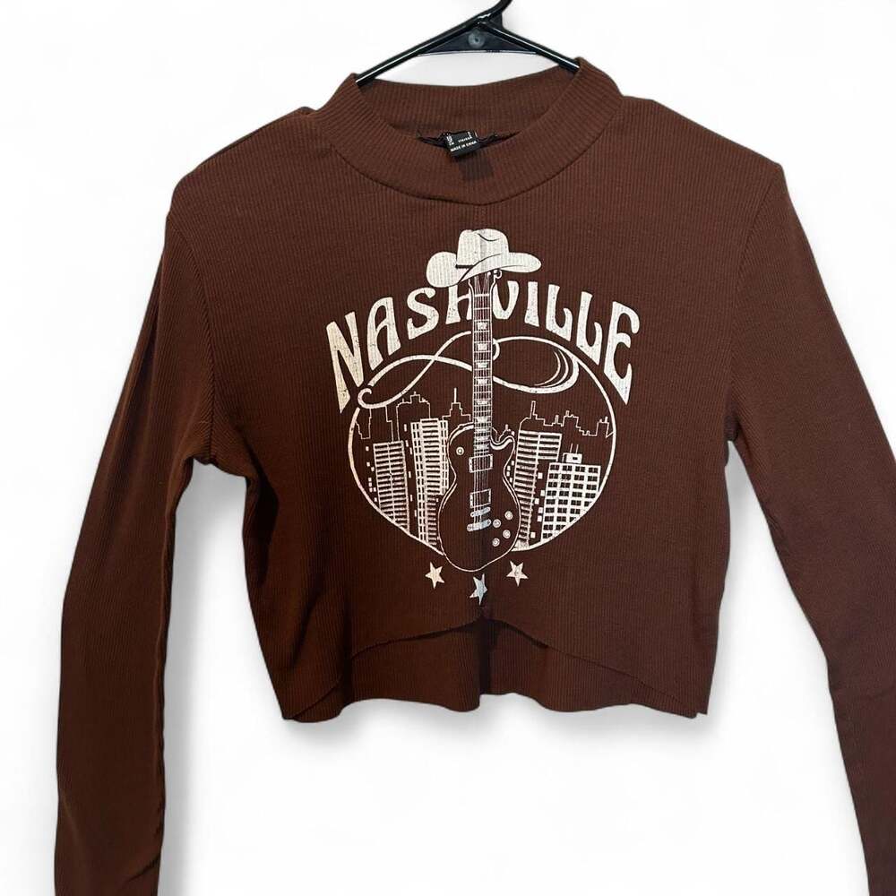 Forever 21 Nashville Brown Ribbed Long Sleeve Crop Top